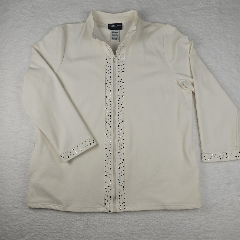 Sag Harbor Womens Sz XL Cream Full Zip Embellished Pocketed Jacket City Chic